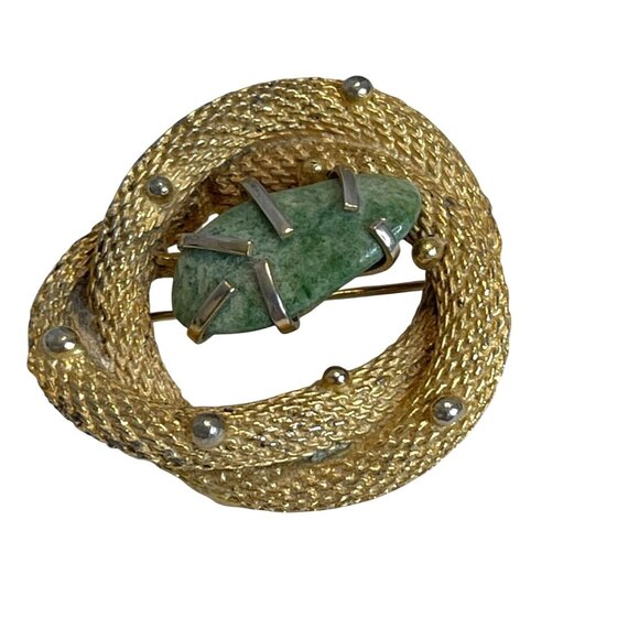 BSK Vintage Pin Textured Twisted Rope Knot Gold-Tone Brooch Green Stone Agate - Picture 8 of 9